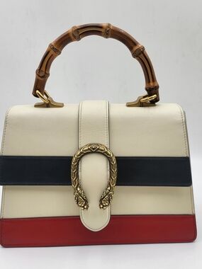 GUCCI Calfskin Bamboo Medium Dionysus Top Handle Bag Red White Blue. Auth. w/COA